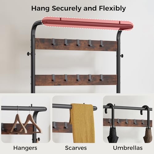 Hall Tree with Bench and Shoe Storage, 4-in-1 Entryway Organizer with 10 Hooks and Storage Shelf,Coat Rack Freestanding with 2-Tier Storage Shelf for Living Room, Bedroom Rustic - Image 5