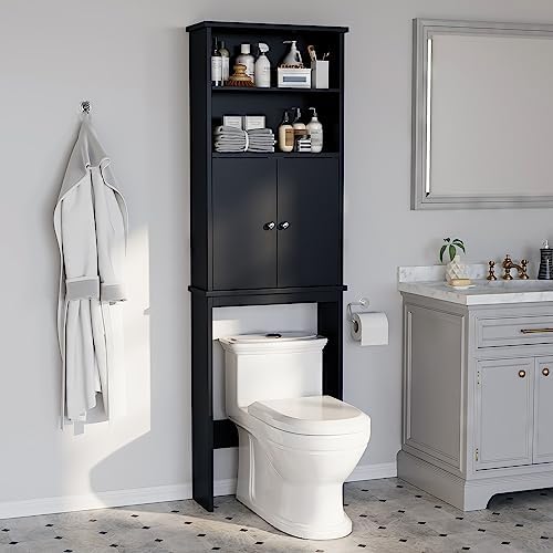 Over The Toilet Storage Cabinet for Bathroom, Storage Organizer Over Toilet, Space Saver W/Adjustable Shelf & Open Shelves, 75in, Black by Meilocar