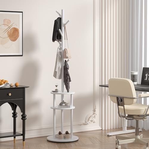 VECELO Coat Rack Freestanding, Entryway Hanger Stand, Umbrella Holder, Hall Tree With Hooks, Floor Standing Tree Stand,White - Image 2