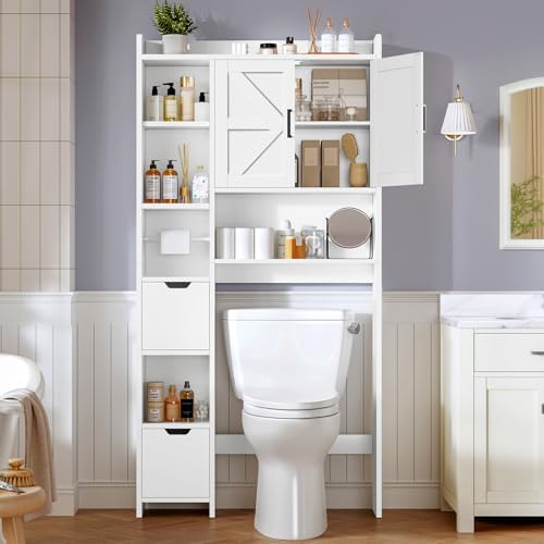 TEENFON Over the Toilet Storage Cabinet with 2 Removable Drawers, Above Toilet Storage Cabinet with 10 Storage Shelves, Taller Wooden Free Standing Bathroom Storage, Laundry Room Storage Shelf, White - Image 2
