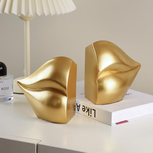 Unique Gold Lips Decorative Bookends for Home Office Shelves Decor - Image 3