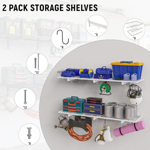 2 Pack Garage Wall Shelving, 46" x 12.5" Heavy Duty Storage Racks, Garage Shelves Wall Mounted with 8 Hooks, 320 LBS Capacity Floating Metal Shelf Organizer for Laundry Room, Basement, Workshop - Image 7