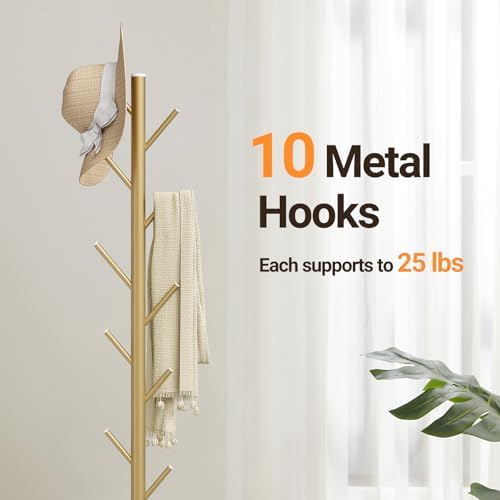 Coat Rack Freestanding, Metal Coat Rack with Natural Marble Base, Gold - Image 3