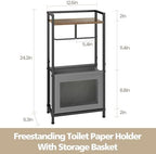 Toilet Paper Holder Free Standing with Storage Basket, Bathroom Tissue Holder Stand with Top Wood Shelf for Phones, Wet Wipes, Small Plants, Metal Toilet Paper Rack for Bathroom Organizer, Black - Image 4