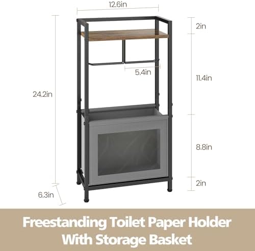 Toilet Paper Holder Free Standing with Storage Basket, Bathroom Tissue Holder Stand with Top Wood Shelf for Phones, Wet Wipes, Small Plants, Metal Toilet Paper Rack for Bathroom Organizer, Black - Image 4