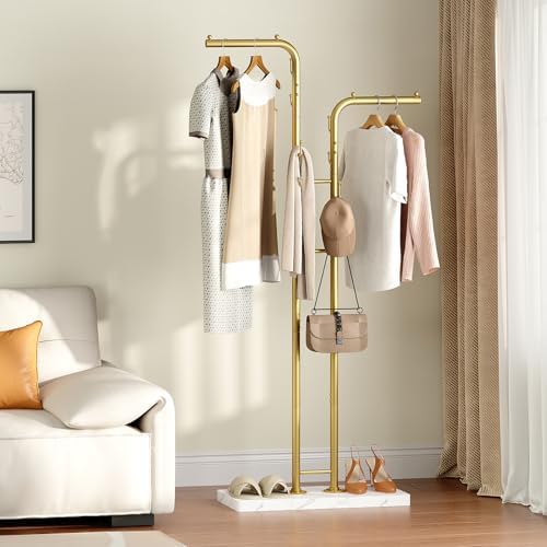 YATINEY Gold Coat Hanger Stand, Floor Standing Coat Rack, Entryway Coat Tree with 8 Hooks and Marble-Look Base, Modern Double-Pole Metal Clothes Rack for Entrance, Living Room, Bedroom, YM02DWY1 - Image 2