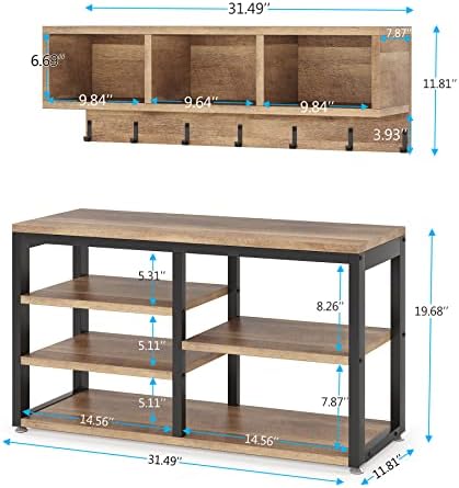 Tribesigns Coat Rack Set, Hall Tree, Industrial Shoe Bench, 3 Storage Cubbies, 7 Hooks for Entryway, Hallway, 5-in-1Design, Vintage Oak - Image 6