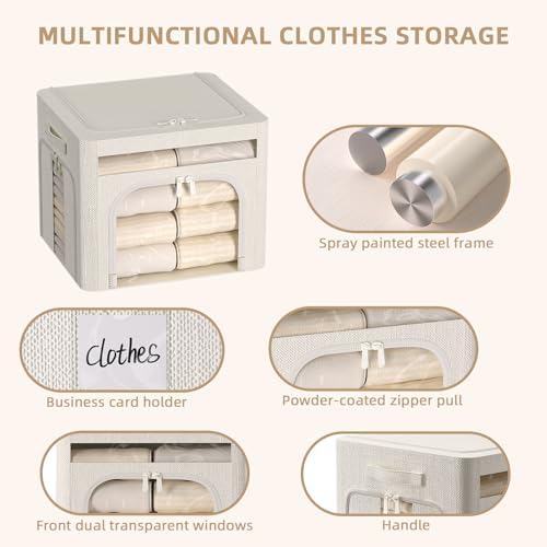 FHSQX 6 Pack Foldable Storage Bins for Clothes Clothes Storage Bins with Metal Frame Stackable Storage Box with Lid (Cream White, 19.7x15.7x13.8 inch (70L)) - Image 2