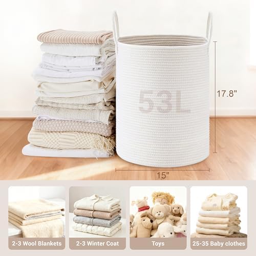 53L Tall Cotton Rope Laundry Basket with Handles, White - Image 2