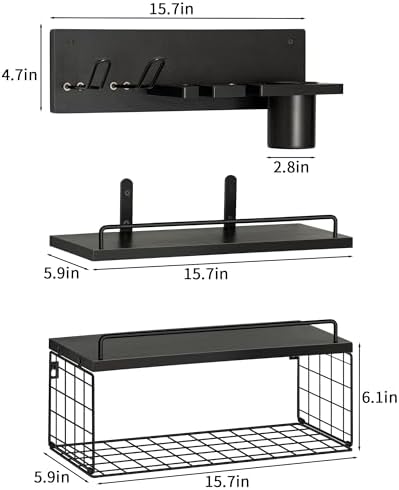 3-Tier Bathroom Floating Shelves with Hair Dryer Holder, Black - Image 3