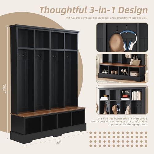 Merax Farmhouse Hall Tree with Bench and Shoe Storage, 59" Entryway Bench with Coat Rack, 3-in-1 Hall Tree with Top Compartments and 8 Hooks for Hallway, Living Room, Black - Image 4