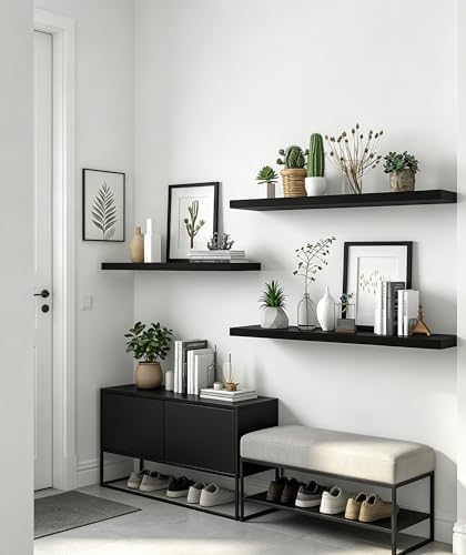 36 Inch Rustic Wood Floating Shelves Farmhouse Wooden Wall Shelves for Bathroom Bedroom Living Room Kitchen Office Set of 4 Black - Image 4