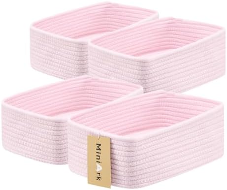 MiniArk Small Storage Baskets for Organizing | Closet Organizer Bins | Shelf Toy Basket | Woven Rope Baskets | Cube Decorative Box | Shallow Basket | 11.5x7.5x4.7” | 4 Packs Light Pink by MiniArkStorageBasketsHome