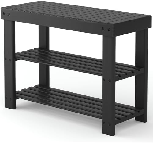 NEWBULIG Shoe Rack Bench, 3-Tier Bamboo Organizer, 11x28x18in, Black by NEWBULIG