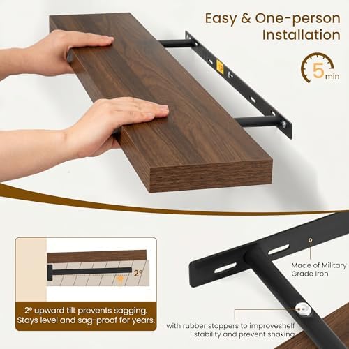 Dreamland Floating Shelves for Wall, Rustic Walnut Floating Shelves for Bathroom|Bedroom|Kitchen, Deep Wall Mounted Book Shelf, Wood Storage Display Shelf for Home Decor, Set of 2 - Image 6