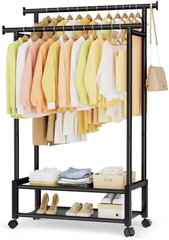 Double Rod Clothing Rack with 2 Shelves, Rolling, Black by SpaceHidden