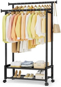 Double Rod Clothing Rack with 2 Shelves, Rolling, Black by SpaceHidden