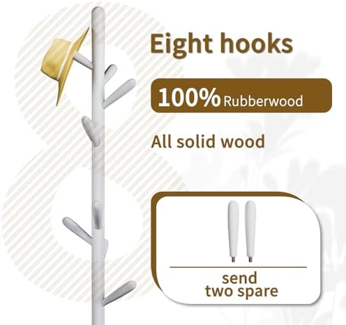 Solid Wood Round Base Coat Rack, Free Standing Hall Coat Tree with 8 Hooks（+2 spare for Coats, Hats, Bags, Purses, for Entryway, Hallway, Rubberwood Hooks,Base and Pole(Round Base,White) - Image 2