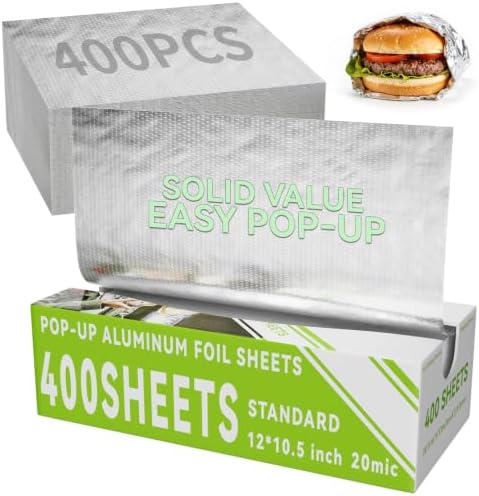 Aluminum Foil Sheets, 400 Count Tin foil,12" x 10.5" Pre-Cut Pop-Up Dispenser for Food Wrap, Hot Dog or Sandwich Wrap,Food Storage, Baking, Catering, Restaurant,Kitchen Use by SZZJKJ