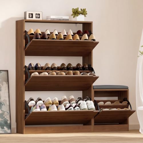 BORNOON Shoe Cabinet with Bench and 3 Flip Drawers, Slim Narrow Shoe Storage Cabinet, Freestanding Shoe Rack Organizer with Adjustable & Removable Shelves, Anti-Tip for Entryway, Hallway, Foyer by BORNOON