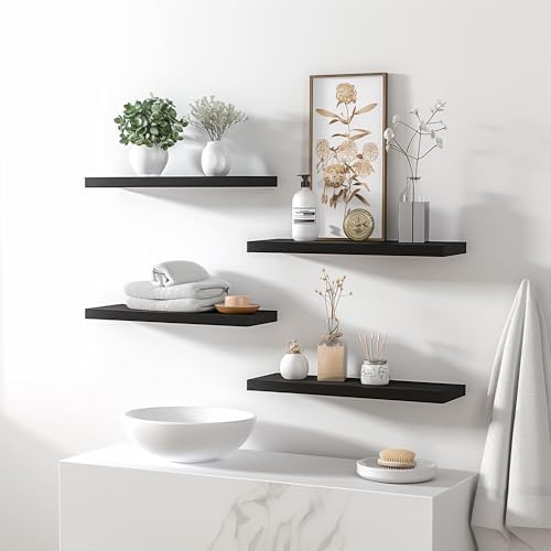 YYWUOJJ Wood Floating Shelves for Wall Decor, Rustic Wall Shelves for Bedroom Bathroom Kitchen Living Room, Set of 6 Black - Image 2