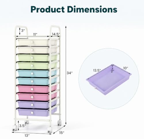 COSTWAY 10-Drawer Rolling Storage Cart, Ice Cream Colorful - Image 3