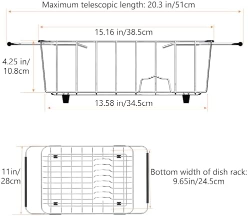 NiuYichee Stainless Steel Dish Drying Rack (15" L X 11" W X 4.1" H), Expandable Fruit & Vegetable Drain Rack Over Sink, Dish Drainer Rack in Sink, with Utensil Holder & Silicone Mat (16") - Image 2