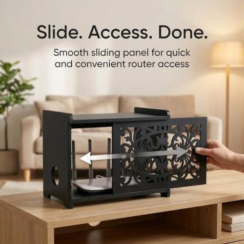 Wooden WiFi Router Hide Box with Cable Management, Decorative Router Box Hider for Modem, Power Strip Cords, Large Router Storage Cabinet, Modern Home Organizer for Living Room & Office (Black) - Image 4