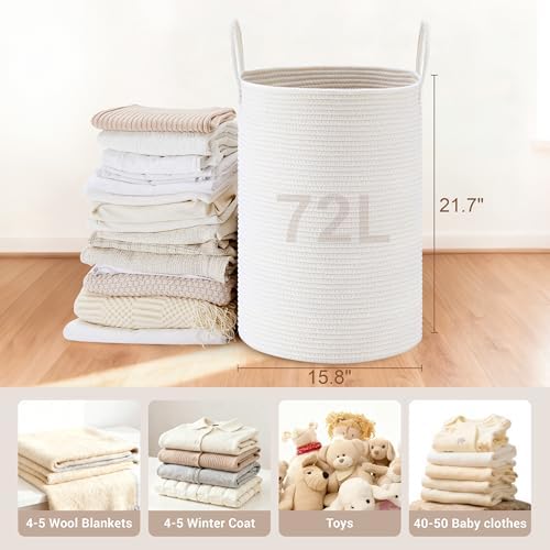 72L Large Tall Cotton Rope Laundry Basket with Handles, White - Image 2