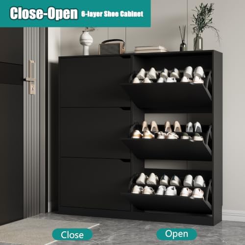 Xixini Shoe Storage Cabinet for Entryway with 6 Flip Drawers, Sturdy Wood Hidden Shoe Storage, Freestanding Narrow Slim Shoe Organizer for Front Door Entrance, Living Room, Hallway, Bedroom, Black - Image 3