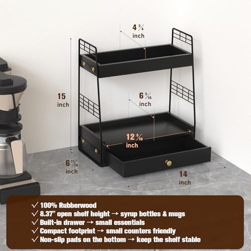 Coffee Bar Station Organizer with Drawer, 2-Tier Countertop Shelf (Black) - Image 6