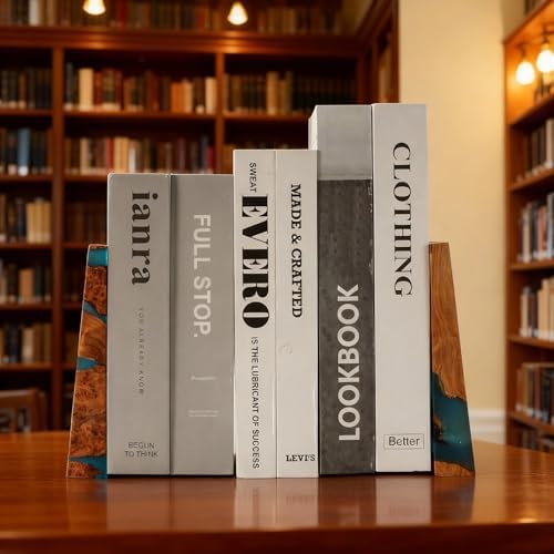 Glow in The Dark Bookends, Wood Bookends for Shelves,Blue Luminous Book Ends with Burl Wood and Resin,Decorative Book Stopper Binder and Dividers, Blue, Large,Unique Desk Decor for Home Office Library - Image 5
