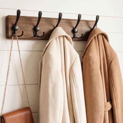 WEBI Rustic Coat Rack Wall Mount,Solid Wood Coat Hooks Wall Mounted Coat Hanger,16" Hole to Hole,Hook Rack Rail,5 Triple Hooks for Hanging Coats,Jacket,Clothes,Farmhouse,Brown - Image 2