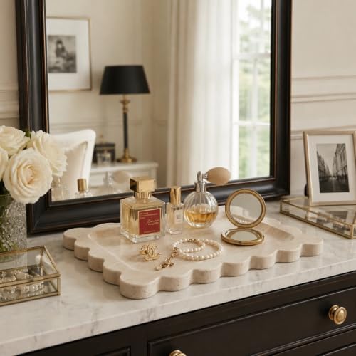 Koville Romano Travertine Vanity Tray, 11"x8" Natural Stone Organizer Tray for Countertop Bathroom Kitchen Dresser, Marble Decorative Scalloped Tray for Jewelry Cosmetics Perfume Trinket(Beige) - Image 5