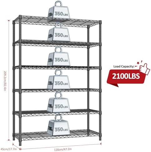 IZEUK 6-Tier Heavy Duty Metal Wire Shelving Unit, Adjustable Storage Rack Organizer for Garage, Kitchen, Office, Basement, Warehouse (Black, 17.7" D x 47.2" W x 82.7" H) - Image 3