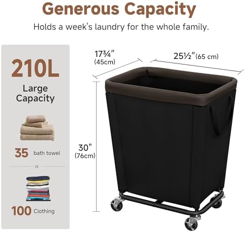 StorageWorks Laundry Hamper with Wheels, 210L Rolling Black Basket - Image 2