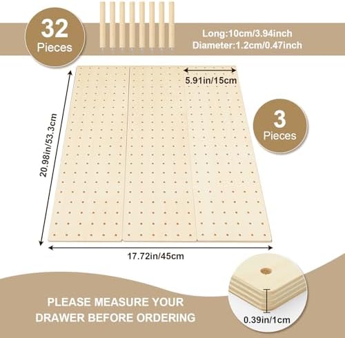 3 Pcs Wood Pegboard Drawer Organizer, Natural Wood, 21 x 5.91 Inch, Pine - Image 2