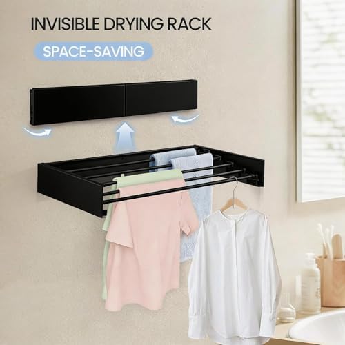 Wall Mounted Laundry Drying Rack, Carbon Steel Foldable & Retractable Clothes Drying Rack, Space Saving Adjustable Towel Holder for Bathroom, Laundry, Small Spaces (1, Black, 50cm) - Image 3