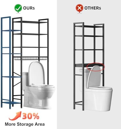 Kalrin 8-Tier Over The Toilet Storage with Side Rack, Over Toilet Storage Rack with Adjustable Shelf & Drain Basket, Freestanding Bathroom Organizer for Balcony, Laundry (Pure Black) - Image 3