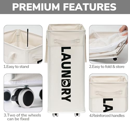 Goodpick 2-Pack Laundry Hamper with Wheels & Wash Bag for College Dorm, 75L - Image 3