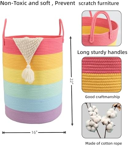 Woven Cotton Rope Laundry Basket Hamper 16" x 22" Large Rainbow - Image 2