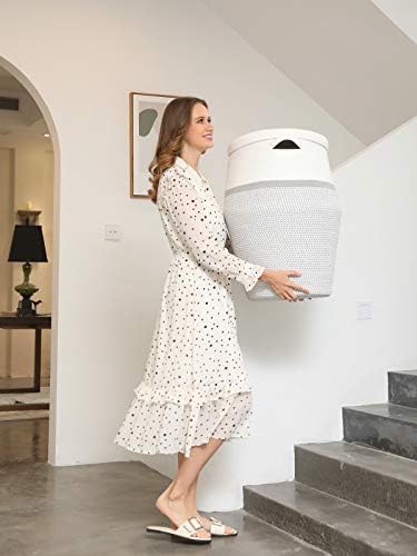 26"x20" Extra Large Tall Woven Laundry Basket with Lid, Cotton Rope Blanket Storage Basket, Freestanding Decorative Bin for Bedroom Living Room, White & Light Grey - Image 3