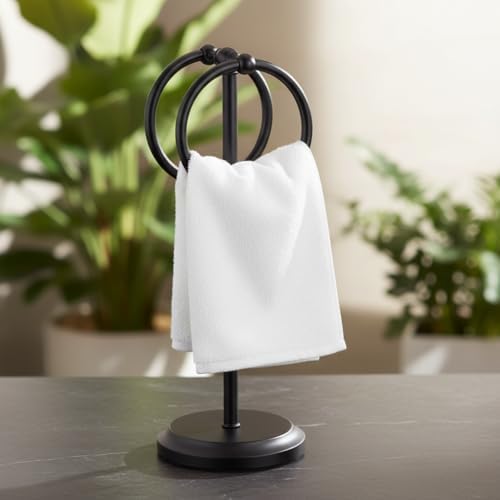 J&V TEXTILES Steel Towel Rack Holder Stand with 2 Hanging Rings for Bathroom Vanity Countertops - Space Saving Hand Towel Holder (Matte Black) - Image 5