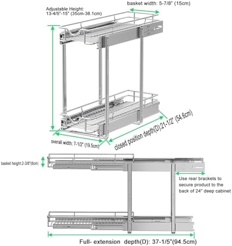 DINDON Pull Out Cabinet Organizer (7-1/2" W x 21-1/2"D), Cabinet Pull Out Shelves, 2 Tier Pull Out Drawers for Kitchen Cabinets, Wire Basket Slide Out Shelf for Cabinet Organization - Image 5