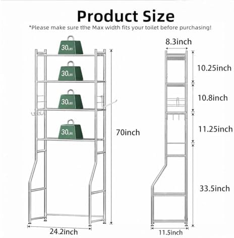 Ekisemio Over the Toilet Storage Cabinet, Metal 4 Tier Bathroom Shelves Over Toilet, Bathroom Oragnizer with 4 Hooks and Paper Holder, Chrome - Image 3