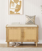 Akxomel 31.5" Rattan Shoe Storage Bench 2 Doors Wooden Entryway Bench Oak - Image 2