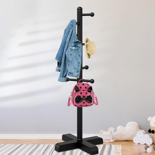 8-Hook Freestanding Wooden Coat Rack 2 Adjustable Heights BLACK - Image 2