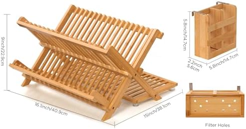 Bamboo 3 Tier Dish Drying Rack with Utensil Holder - Image 2