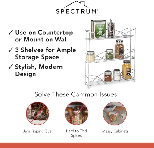 Spectrum 3 Tier Spice Rack Organizer Chrome Countertop Wire Shelf Spice Rack for Contemporary Kitchen Pantry Cabinet, Organize Spices with Three Tier Spice Shelf for Kitchen Storage with Wall Mount - Image 3