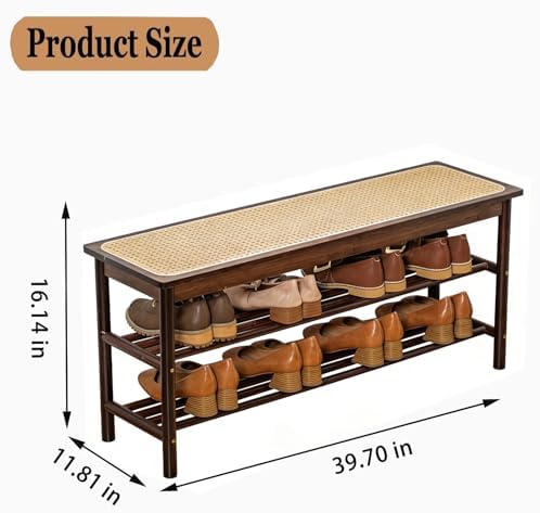latifolia Shoe Rack Bench, 3-Tier Bamboo Shoe Bench with Breathable Rattan Seat Cushion, Shoe Storage Rack for Entryway(Walnut,39.70''L) - Image 2